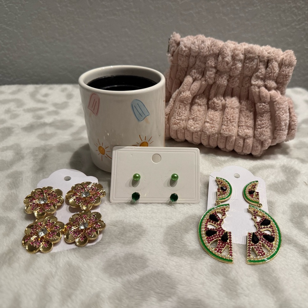 Sugarfix Earrings, Green Studs, Small Planter, Pink Pouch